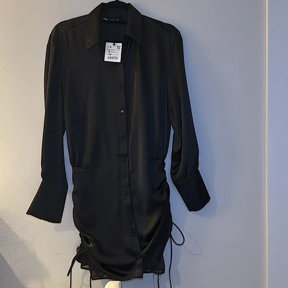 BRAND NEW - Zara Black Draped Ruched Satin Effect Short Shirt Dress - Small - Picture 11 of 11